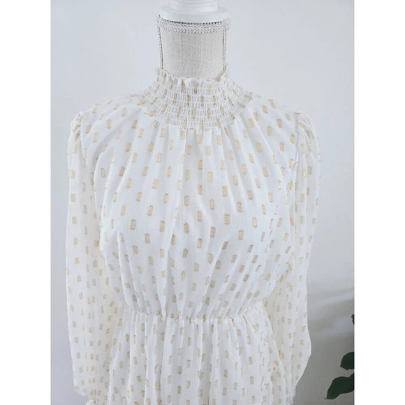 OPT O.P.T Lluvia White Gold Polka Dot Tiered Flowy Smock Neck Mini Short Dress S - Picture 2 of 12